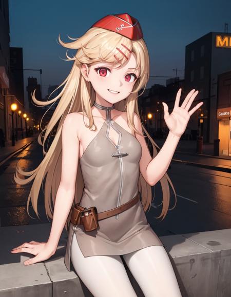 (extremely detailed CG unity 8k wallpaper),(masterpiece), (best quality), (ultra-detailed), (best illustration),(best shadow), city
,BREAK
(m1919a4jacketless:1.2), short dress, white pantyhose, (brown garrison cap:1.2), hair clip, waving, smile, one arm at side
<lora:m1919a4:1>