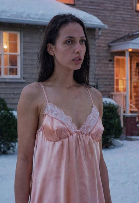 A beautiful female, wearing a peach satin nightgown, in her front yard, snow, December, dusk, street photography, detailed, closeup, early 2000s, DSLR, UHD