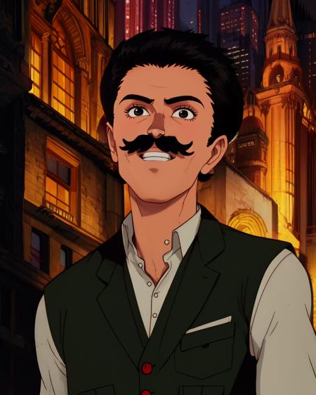 1boy,vest,black eyes,very short hair,mustache,
standing,black suit,smile,
night,
(insanely detailed, beautiful detailed face, masterpiece, best quality),solo,<lora:akiraMovie:1>,