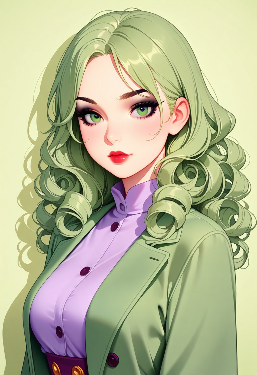 masterpiece, best quality, amazing quality, very aesthetic, flat colors, (artist:Tsuaii:1),
1girl, close up portrait, looking at viewer, shadow, light, long curly hair, green hair, green eyes, black eyeshadow, red lipsticks, joker makeup, pale complexion, green waist coat, ((plain purple background))