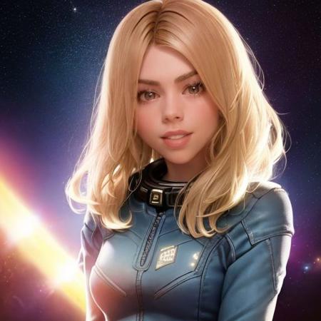 rosetyler, billie piper, young woman, solo, 1girl, badwolf, space, nice background, high quality, gorgeous girl <lora:Rose_Tyler_Doctor_Who_TARDIS_FINAL:.8>, space travel, space background, glowing eyes, smile, absurd res, very high quality, (best quality:1.2), (masterpiece:1.2), amazing quality, (high resolution:1.2), 8k, hdr, cinematic lighting, volumetric lighting, bloom, detailed shadows, ray tracing, detailed hair, detailed eyes, well known artist