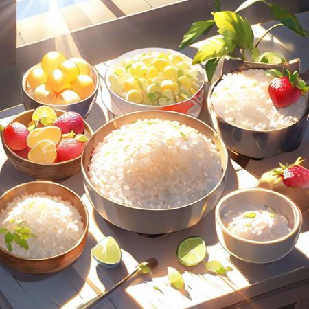 food, food focus, still life, sunlight, rice, fruit, <lora:colorfulfood-v10:1>