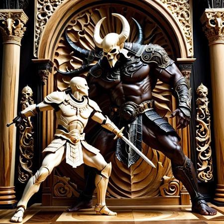 Masterpiece, score_9, score_8_up, score_7_up, source_anime, rating_safe, ebony and ivory, carved from wood, BREAK,
a muscular ivory warrior locked in combat with a monstrous ebony creature inside a grand carved hall, no weapons, raw strength, dynamic pose, floor fractured beneath them, BREAK,
woodgrain visible in carved muscles, smooth anatomical detail, striking contrast between light and dark figures, stylized action, epic mythic combat in sculptural form