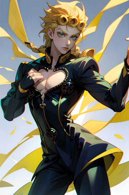 giorno giovanna pink outfit blue outfit blonde hair green eyes braid