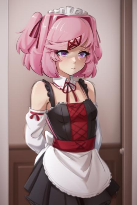 <lora:RaiionartStyle:0.8>, RaiionartStyle, maid, (masterpiece, best quality, high quality, highres, ultra-detailed), <lora:ddlc:1>, natsuki, pink eyes, pink hair, two side up, hair ornament, hair ribbon, small breasts, short hair