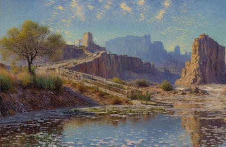 (impressionism:1.15), salt flat, Cliff/Bluff, industrialism, (john berkey:0.8), rural, a painting,scenery,scene painting, water,night,tree,stairs,plant,scenery, <lora:å·¥ä¸è¸æ±½:0.3>,