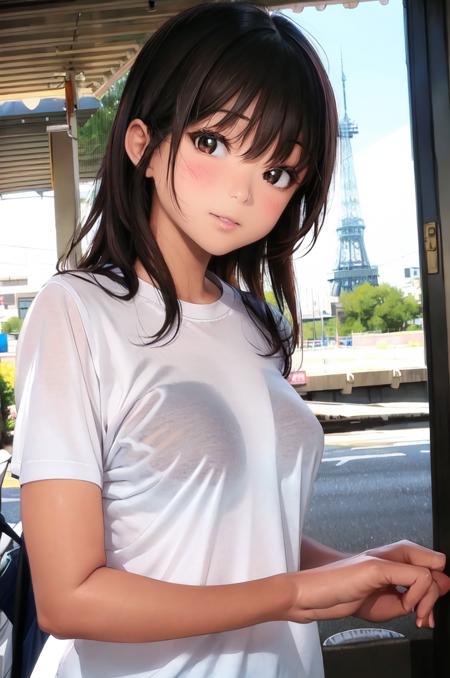 masterpiece, best quality, ultra-detailed, illustration,
SB, 1girl, solo, shirt, breasts, black hair, long hair, white shirt, medium breasts, short sleeves, upper body, t-shirt, 
 <lora:sukebra_V2-000008:1>