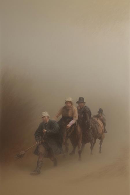 A dynamic painting in soft pastel colors depicting figures in motion through a thick fog, evocative of the Dutch Golden Age style.  The painting features soft brushwork, blurred lines, and action poses, creating a gentle and soothing atmosphere.