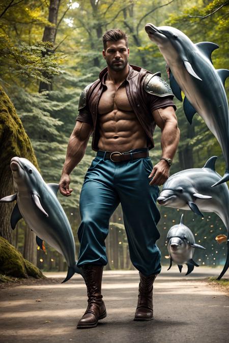 realistic, masterpiece, best quality, cinematic lighting, natural shadow, highest detail, professional photography, detailed background, depth of field, insane details, intricate, aesthetic, detailed face, subsurface scattering, realistic hair, realistic eyes, shiny skin, muscular, masculine, photo of a handsome man, (30 year old), outdoor, warrior, armor, shirt, pants, medieval, city, castle, fantasy, dolphin-fish, fish, walking, road,