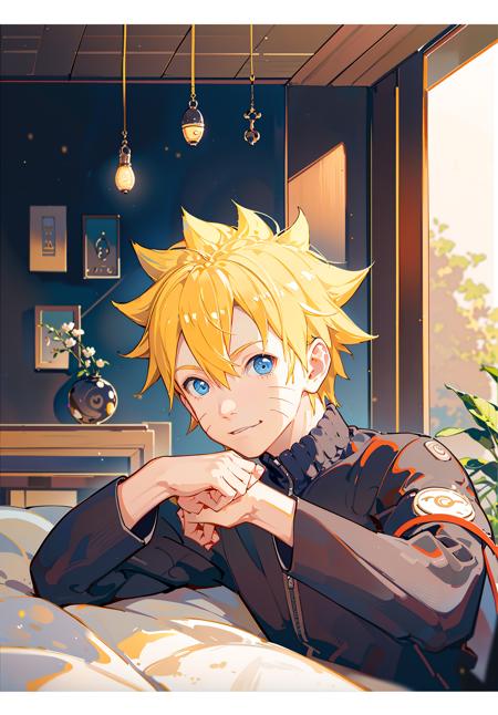 <lora:Naruto:1>, uzumaki naruto, 1boy,male focus, masterpiece, best quality,(portrait,close up), looking at viewer,shadow and light, blurry foreground,konohagakure symbol,  indoor,water drop, blue eyes, on the bed, gentle light smile,