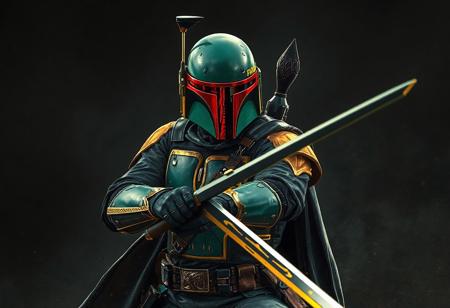 Mirror Swordknight Boba Fett, green & black armor, gold accents, black helmet, red visor, katana. Black magic ritual background. Dynamic action pose, intense stance. Splash ink illustration, octane render, Unreal Engine 5, Raphael style, Houdini style, cinematic lighting, CGSociety, trending on Artstation, golden ratio, 4k, high-res, exceptional quality, lifelike details, super detailed face, beautiful detailed eyes.