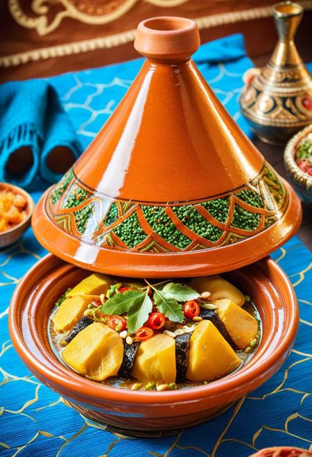 high quality, masterpiece, 
Tagine, gourmet food photo, delicious,
cyberpunk tagine, virtual hud, glowing blue lines, circuit board
soft natural lighting, macro details, vibrant colors, bokeh background, 
styled plating, ornate tablecloth, cozy,