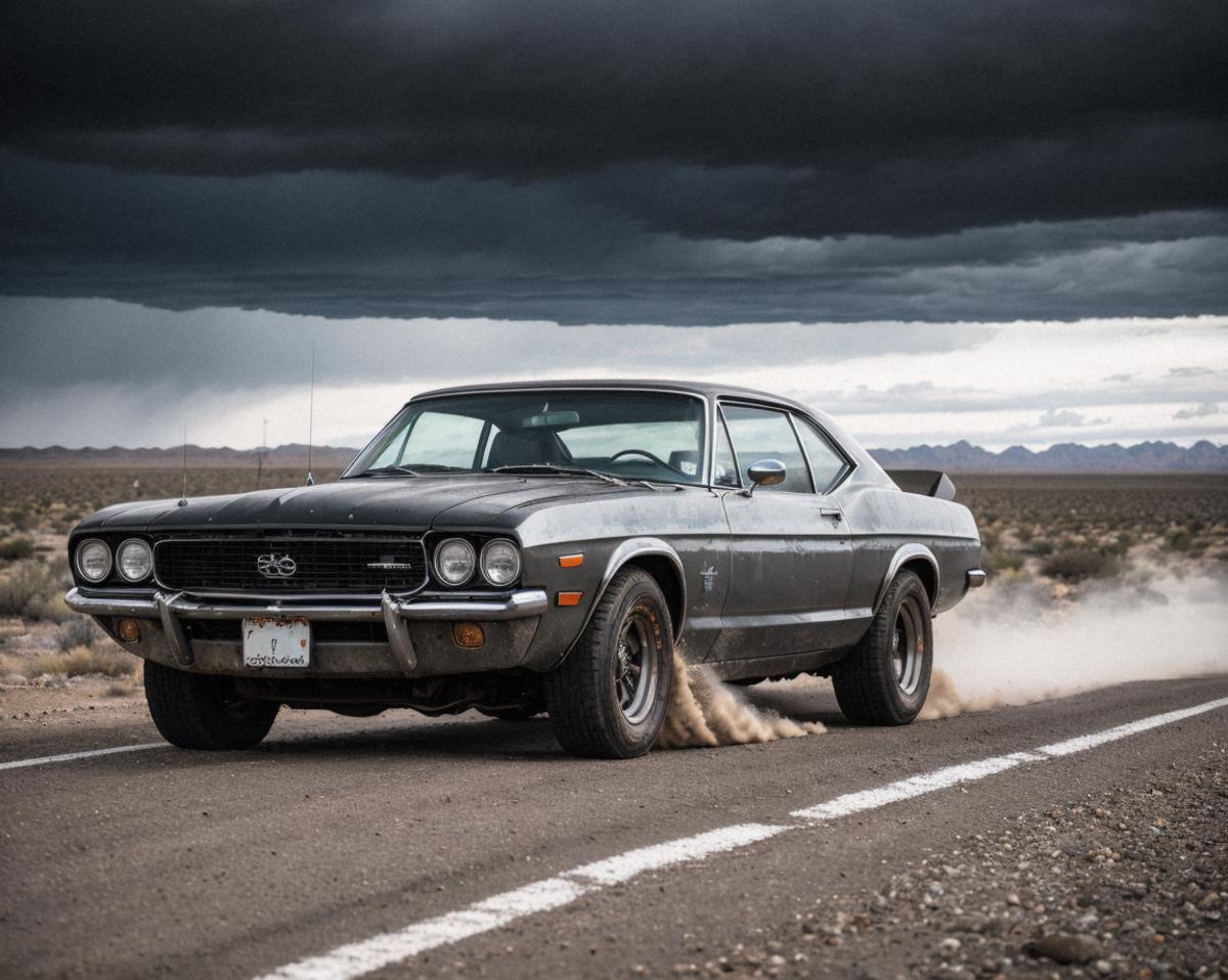 A vintage Mustang muscle car speeding down a desert road with a cloudy sky overhead.