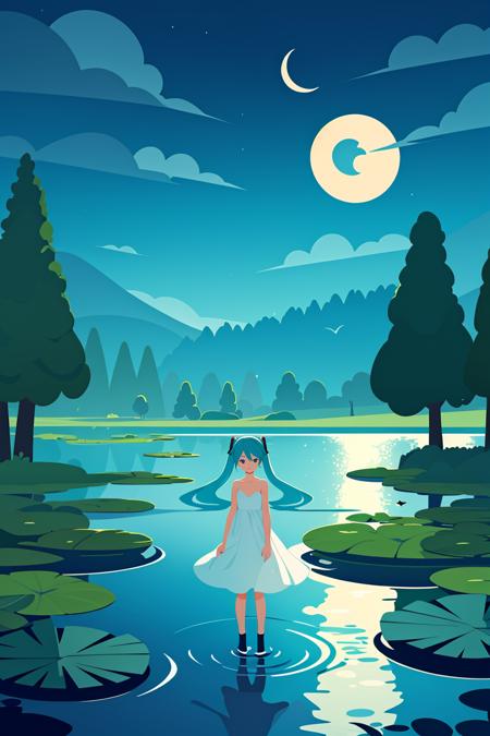 Minimalism,shadow flat vector art,masterpiece,best quality,art by Rami Niemi,1girl, nature, long hair, dress, forest, very long hair, tree, lily pad, crescent moon, water, moon, white dress, deer, aqua hair, pond, outdoors, animal, solo, night, ripples, standing, hatsune miku, scenery