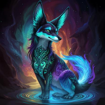 Alien, dog, fox, water-made ears, fire-made tail, intricate detailing, vibrant colors, unique patterns, textures, iridescent hues, deep blues, radiant purples, shimmering greens, fantastical creature, otherworldly beauty, extraterrestrial elements, familiar features.