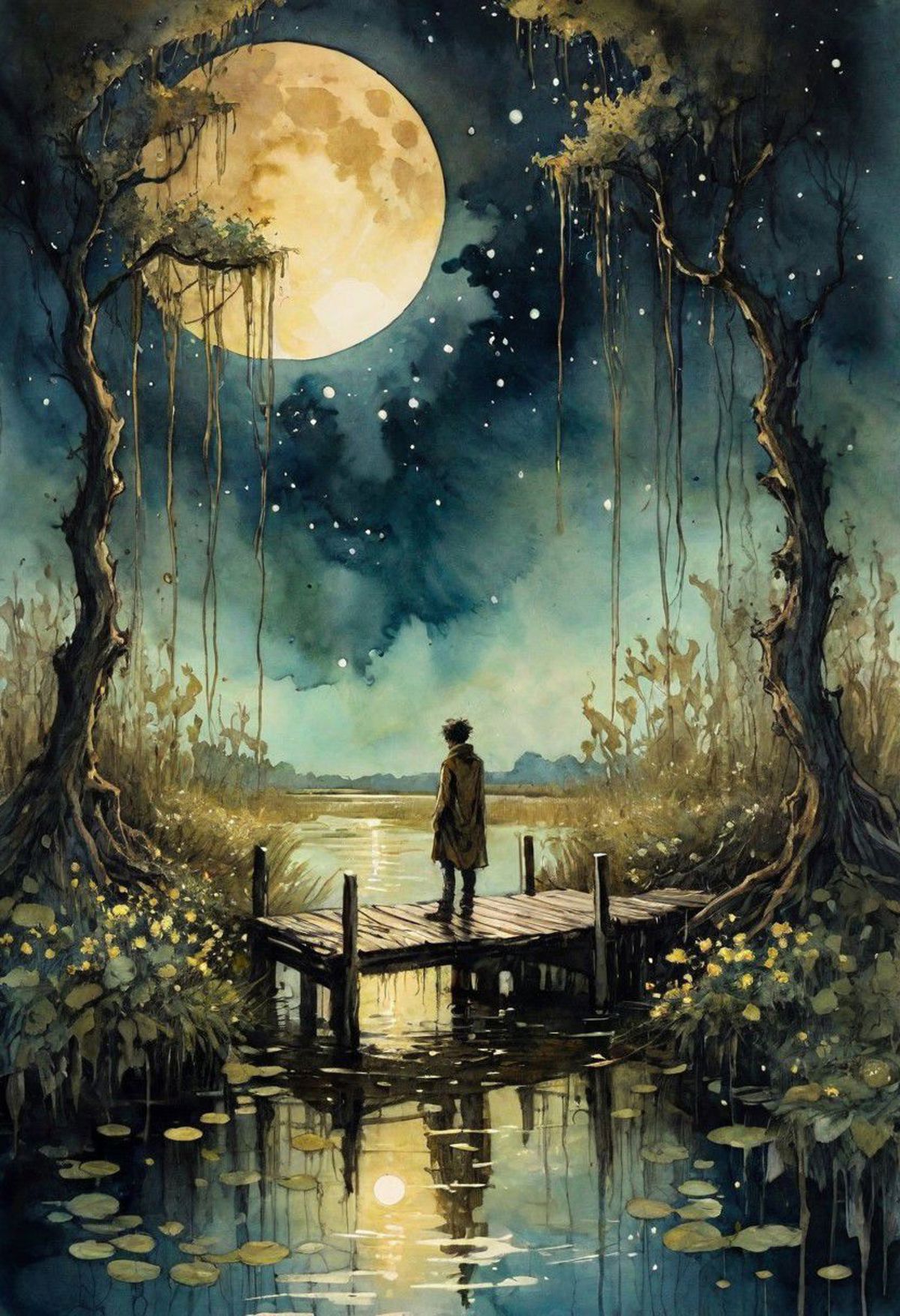 Painting of a man standing on a bridge under a full moon.