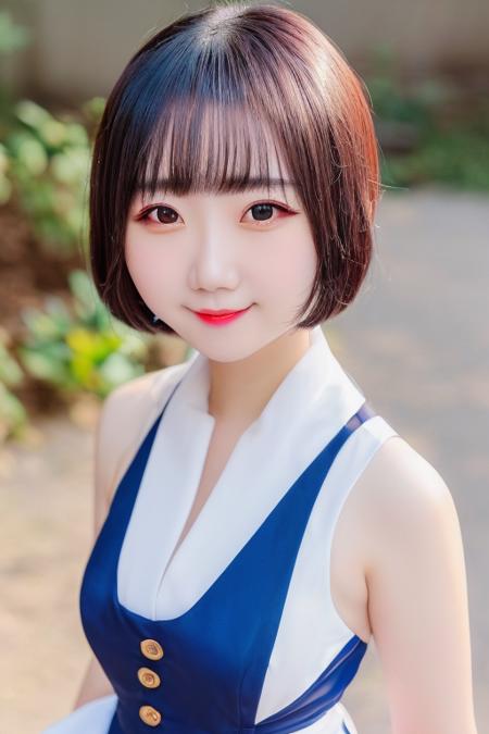 yuino_mashu, (8k, RAW photo, best quality, masterpiece:1.2), portrait, High detail RAW color photo, professional photograph, (realistic, photo realistic:1.37), ((best quality)), 1 girl, cinematic light, (finerly detailed face:1.2), (masterpiece:1.5), (best quality:1.2), (looking at viewer:1.2), smile, outdoors, sunlight, cleavage,