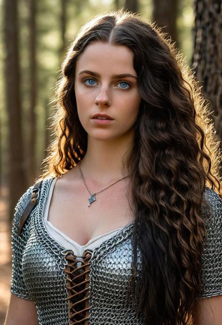 (photograph:1.8), (photorealistic:1.6), (realistic:1.7), (intricate detail:1.1), (soft lighting), (beautiful woman, young woman, 22 years old, Celtic woman), blue eyes,(detailed face), (smooth hair, long hair, black hair:2.4), (round breasts, large breasts:1.6), ((chainmail:1.5)), (cleavage:2.9), paladin, bow (weapon), in a forest grove, at dawn, (facing viewer, (cowboy shot)), 8k uhd, dslr, soft lighting, high quality, film grain, Fujifilm XT3