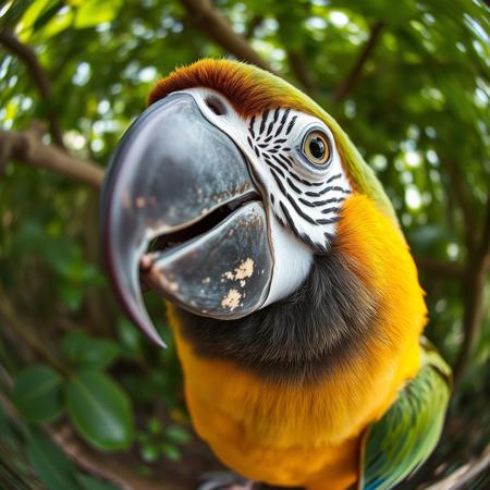 a parrot looking to the lens, fisheye lens fx,fele