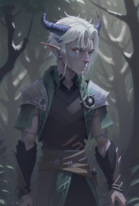 solo, in a forest at night, inticrate background,   male moonshadow elf, 2 horns, white hair,   man, dark top, <lora:moonshadow_elf:1>