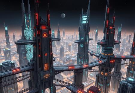 In a sprawling, far-future sci-fi metropolis, an expansive, multi-tiered cityscape extends across the horizon. Massive, modular structures complex of futuristic architecture are crafted with gleaming alloys, glass, and synthetic materials, each tower adorned with intricate light patterns and holographic displays that pulse rhythmically against the night sky. At various levels, networks of suspended pathways, elevators, and multi-level bridges connect buildings, creating a lattice of pedestrian and vehicle routes in three dimensions.