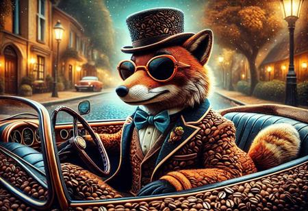 digital painting of a made of Coffee beans, cute fox in suit and bowtie, top hat and cutting edge sunglasses,  entirely made of retro sophistication texture, driving a convertible car, whimsical and magical atmosphere, soft lighting, highly detailed and stylized, concept art for a vintage charm-themed universe