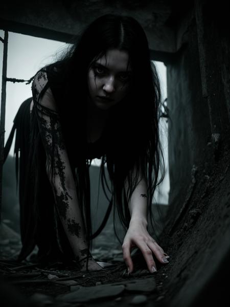 spooky atmosphere,masterpiece,close up,concept art of 1girl messy,long black hair,pitch black eyes,pale skin,tattered long dark flowing dress,climbing out of a grave in an impossible pose,staring demonic at viewer,8k,raytracing,