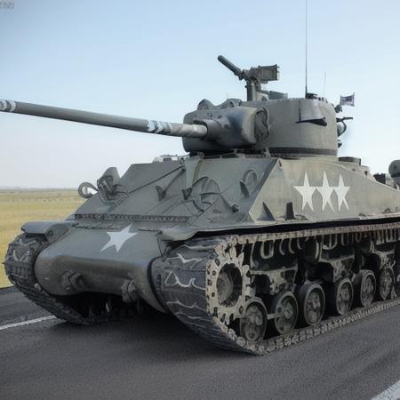 The Sherman M4 tank, a powerful fighting vehicle, stands on the battlefield, ready for battle. Its massive metal construction and armor give it an imposing appearance. Its cannon contains firepower capable of inflicting serious damage to the enemy. A sense of strength and maneuverability is conveyed through the tracks and wheels. The Sherman M4 tank is a symbol of war and determination, ready to fight for victory on the battlefield. <lora:Sherman:0.8>