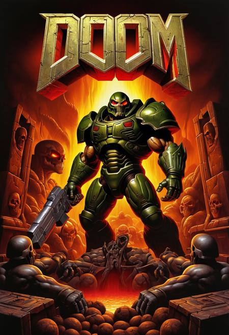 Original poster art design of DOOM 2 (1994 retro game from id software) but with a 3D diorama model effect, extreme high detail, pin sharp resolution, realistic rendering of shadows and reflections, strong contrast, depth of field, maximum use of character art, 8k appearance, masterpiece.