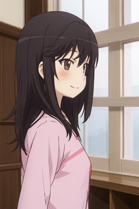 best quality, masterpiece, highres, solo, {ichijou_hotaru_nonnonbiyori:1.15}, black_hair, long_hair, brown_eyes, blush, brown_hair, 1girl, indoors, profile, smile, upper_body, window, bangs, from_side, shirt, closed_mouth