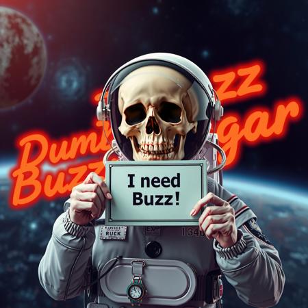 masterpiece, intricate photo realistic photo, realistic outer space skull astronaut in astronaut suite with helmet and transparent visor holding a small white sign on which is written "I need Buzz!", background outer space, stars, galaxies, nebulae, in the sky is written in neon letters "Dumb Buzz Beggar", as realistic as possible, hyper realistic, highly detailed, sharp focus, dusk and dawn of technology, dark art, gothic art, cyberpunk style, best quality, high resolution, colorful, vibrant colors, studio lighting, high quality image, no wrong proportions, 8K