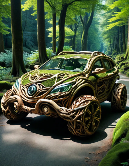 PG-TR futuristic car designed with woven tree roots, moss-covered wheels, forest road, ambient green glow   <lora:Treeroots_0_90_multi2_Handprocessed_V2:1>