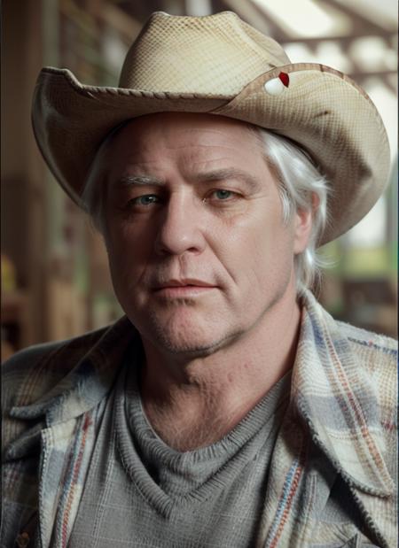 mbo1 (best quality), (masterpiece, realistic, photo-realistic:1.1), 1man, solo, white hair, fat body, detailed eyes, nose, fair skin, (looking at viewer:1.5), "Rancher's hat, plaid flannel shirt, sheepskin vest, bandolier with shotgun shells, cowboy boots with spurs", upper body, masterpiece, best quality, <lora:MarlonBrandoOld:1>