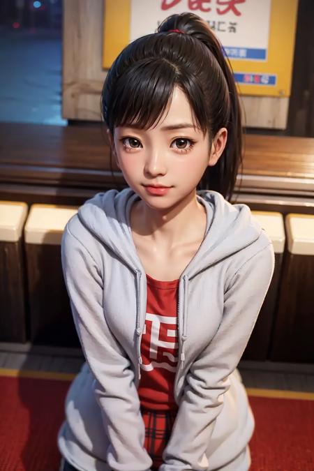 sawamura haruka, ryu ga gotoku, yakuza, bangs, black hair, ponytail, swept bangs, brown eyes, lips, in the of Sontebori in Osaka, night, small breasts, red t-shirt, denim skirt, grey hoodie jacket, hoodie down, brown boots, cute, kawaii pose, looking at viewer, (((best quality, masterpiece))), (((extremely detailed))), RAW photo, realistic, cinematic lighting, best quality, 8k uhd, realistic, (unreal engine 5), , <lora:Sawamura Haruka v2:1>