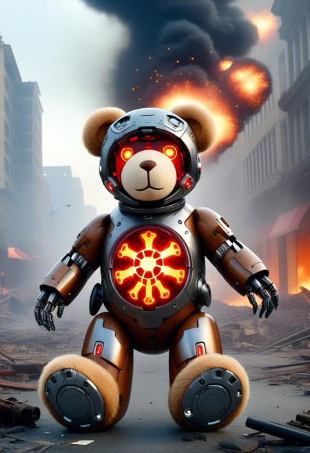 detailed, high quality, a cyborg teddy bear xmastedx, in a destroyed city, fire and explosions, fire particles
