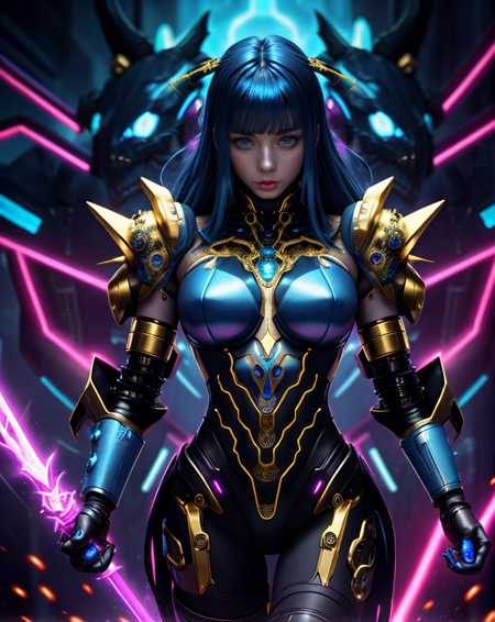 Cybernetic iron female and blue dragon near her with gold inserts on the cover in cyberpunk style with neon illumination, shoulders bare : Black Ink Flow: 8k photorealistic masterpiece, intricately detailed liquid gouacheintricately detailed, complex, elegant, expansive, fantasy background <lora:4x_RealisticRescaler_100000_G:1> <lora:epiNoiseoffset_v2:1>