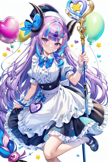 1girl, unicorn, rainbow, food, single horn, blue hair, horns, candy, long hair, holding, lollipop, multicolored hair, bow, balloon, white background, solo, very long hair, star (symbol), frills, bangs, apron, shoes, dress, puffy sleeves, blue eyes, holding food, socks, high heels, black footwear, looking at viewer, simple background, swirl lollipop, puffy short sleeves, white apron, streaked hair, short sleeves, waist apron, animal ears, purple bow, blue bow, closed mouth, blush, holding lollipop, holding candy, pink hair, frilled apron, wrist cuffs, white socks, hair bow, striped, holding wand, animal, wand, pink bow, skirt, smile, horse ears, ribbon, purple eyes, striped bow, heart, breasts, two-tone hair, hat, frilled dress, pink ribbon, cloud, shirt, mary janes, hair ornament, creature, purple footwear, sheep, medium breasts, stuffed toy, white shirt, black skirt, pastel colors, staff, stuffed animal, rabbit, purple dress, platform footwear, braid, long sleeves, short eyebrows, personification, cupcake, hand up, detached sleeves, black dress, white bow, holding staff, blunt bangs, star hair ornament, purple skirt, frilled socks,