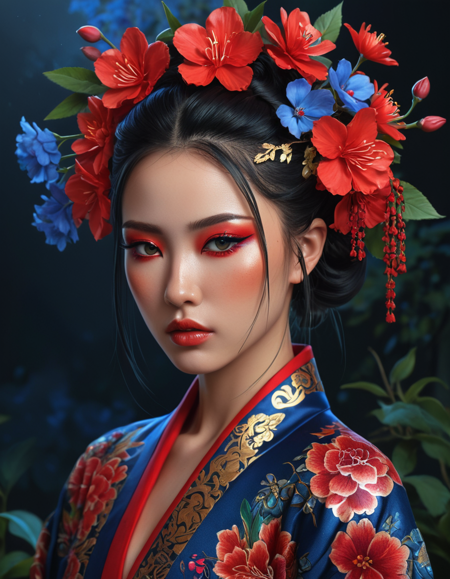 A mesmerizing portrait of a woman adorned with intricate floral elements, featuring bold red and deep blue blossoms. The subject has a serene expression, showcasing delicate facial features, high cheekbones, and stylishly arched eyebrows. Her dramatic makeup includes striking red eyeshadow that complements her vivid tattoo designs. The lighting is soft yet dramatic, creating highlights that accentuate her skin tone and the textures in her ornate garment, a richly patterned robe. The composition is balanced, with a dark, textured background contrasting the vibrant flora and the luminous skin tones. The interplay of warm and cool hues evokes a sense of mystique and elegance. The style combines elements of realism and fantasy art, with visual influences from traditional East Asian aesthetics. The overall mood is enchanting and evocative, inviting viewers into a world of beauty and cultural depth., anime masterpiece, soft lighting, intricate, highly detailed, pixiv, anime art, 4k, art from your name anime, garden of words style art, high quality
