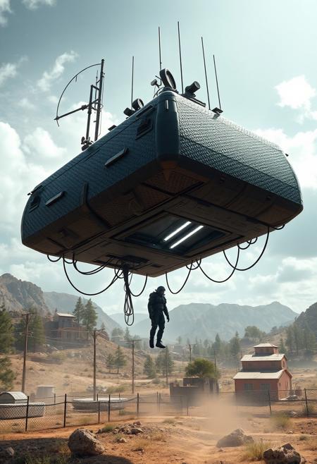 ultra high resolution, masterpiece, best quality, small featureless angular glossy black spacecraft with a heavily textured surface hovering low to the ground, underneath the spacecraft are cables hoses and wires, antennas on top, cables hanging from below, rectangular in shape, futuristic world, post apocalyptic landscape, anti gravity, in the atmosphere, sky, clouds, ground visible, hovering,  green trees and hills, rocky outcroppings, small buildings, chain link fence, small open entrance ramp at the lower edge of spacecraft, soldier in dark armored spacesuit debarking from a brightly backlit entrance, bright noon sun, dusty