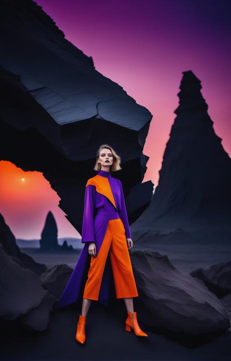 tangerine tango and rhapsody purple color blocking, sci-fi, dark shot, front shot, editorial fashion photoshoot of a Slovak supermodel on alien landscape is dominated by jagged, obsidian-like rock formations that jut out from the ground at odd angles (with spaceship in the background:1.2), waning gibbous, at dawn, cinematic shot