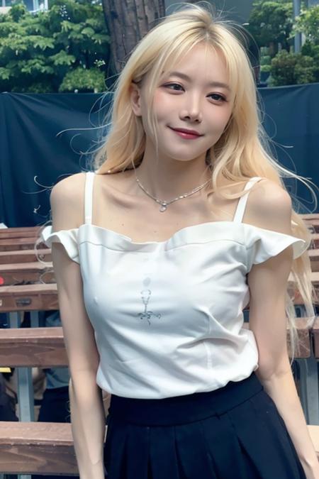 (black skirt:1.3),collarbone,(best quality),(8k, 3d:1.2),(photorealistic:1.4), (film grain:1.3), incredibly absurdres, masterpiece, ((ultra-detailed, ultra skin details)), ((strong rim light)),blonde hair, hair strand, (public:1.5),(outdoors, street), (audience:1.5),(outdoors, blue sky, asian),((slim girl)),seductive smile,((depth of field)), (small breasts), <lora:koreanDollLikeness_v10:0.16> ,(highly detail face: 1.2), [mature female],(shaded face:1.2),(subsurface scattering), sunlight, streets, full-length portrait,  <lora:luoxin-000016:0.85>, close-up, ((wink))