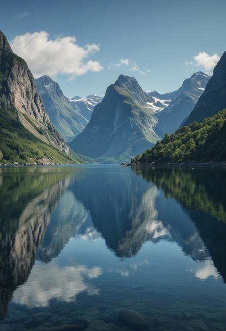 masterpiece, photorealistic, scandinavia, fjords, water, mountains, blue sky, serene, peaceful, uninhabited