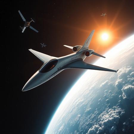 futuristic supersonic pasangerairplain flying above the earth atmosphere, earth view, space, telecom satelite flying nearby