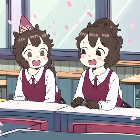 party hat, white background,  classroom, standing, chalkboard, window, cherry blossoms outside, cute pose, desk, hands behind back, perfect hands, furry, ((2girls)), brown hair, <lora:Hedgehog_SummerCampIsland:0.8> hedgehogSCI