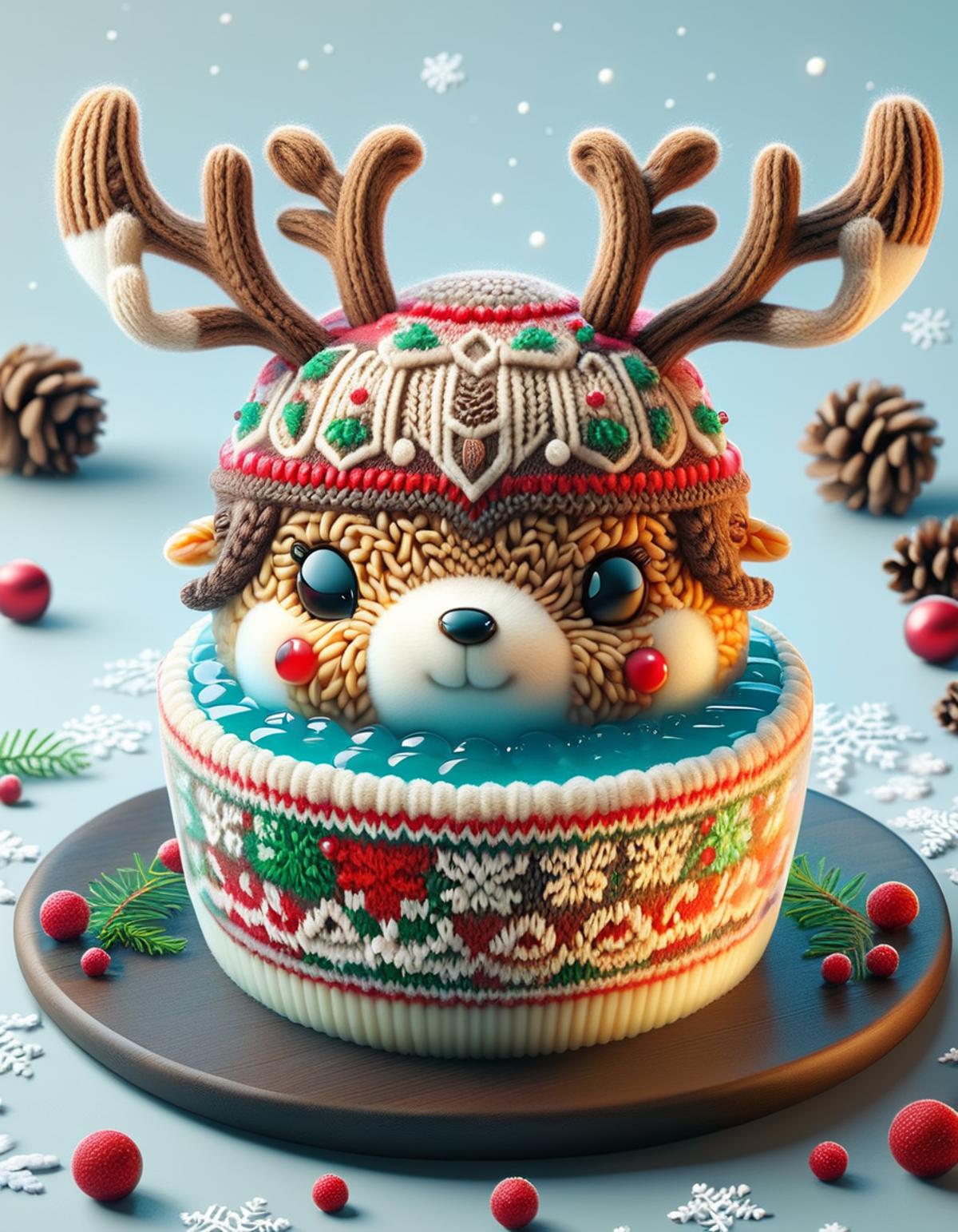 A cute and festive Christmas cake with a deer head on top.