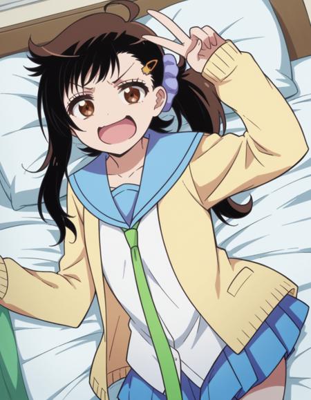 haru onodera, long hair, brown hair, black hair, hair ornament, brown eyes, hairclip, side ponytail, scrunchie, cardigan, yellow cardigan, skirt, shirt, thighhighs, school uniform, collarbone, white shirt, pleated skirt, necktie, serafuku, sailor collar, red ribbon, blue skirt, blue sailor collar,