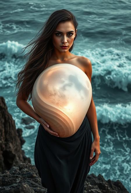 A woman stands on a jagged cliff with her chest shielded by a large, curved shell that reflects the silvery light of the moon. The shell is polished to a radiant glow, its smooth texture contrasting with the rough rocks beneath her. The ocean roars in the background, and her expression is both fierce and calm.