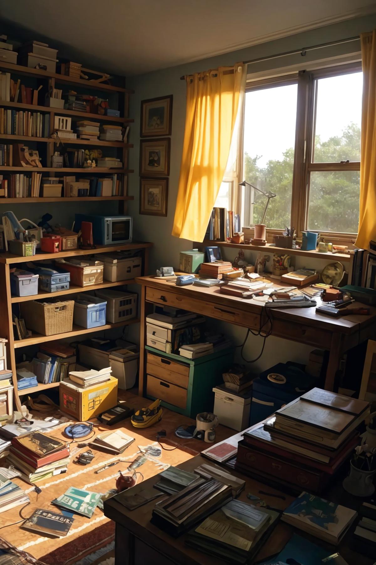 A cluttered bookshelf in a room with yellow curtains and a desk.