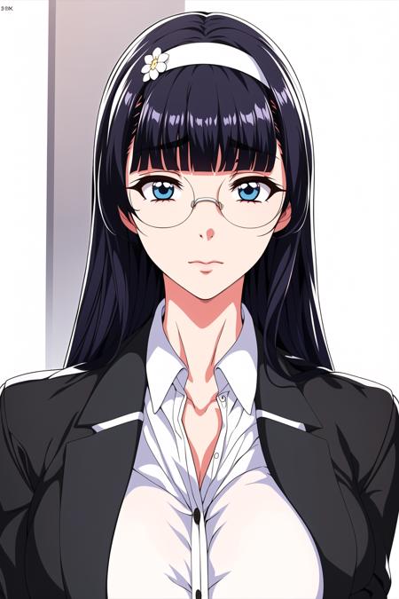 Simple White Background,
school uniform, Black Jacket,white shirt,
<lora:Sakura_Shiori_AoharuSnatch-KK77-V1:0.7>,glasses,
bangs, black hair, blue eyes,Long_hair,hair ornament, hairband,hair flower, 
<lora:Oda_Non_Style-KK77-V2:0.3>,<lora:more_details:0.1>,
1 girl, 20yo,Young female,Beautiful Finger,Beautiful long legs,Beautiful body,
Beautiful Nose,Beautiful character design, perfect eyes, perfect face,expressive eyes,perfect balance,
looking at viewer,(Focus on her face),closed mouth, (innocent_big_eyes:1.0),(Light_Smile:0.3),
official art,extremely detailed CG unity 8k wallpaper, perfect lighting,Colorful, Bright_Front_face_Lighting,White skin,
(masterpiece:1.0),(best_quality:1.0), ultra high res,4K,ultra-detailed,
photography, 8K, HDR, highres, absurdres:1.2, Kodak portra 400, film grain, blurry background, bokeh:1.2, lens flare, (vibrant_color:1.2),professional photograph,
(Beautiful,large_Breasts:1.4), (beautiful_face:1.5),(narrow_waist),