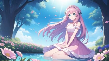 1girl sitting on the grass with flowers,hands between legs,the petals float past her,fantasy,((masterpiece)),best quality,long pink hair,blue eye,flower crown,(floating hair),frilled dress with flower,stream,paradise,flower ornament,ribbon,happiness,[[open mouth]],garden,beautiful detailed eyes,looking at viewer,{an extremely delicate and beautiful},